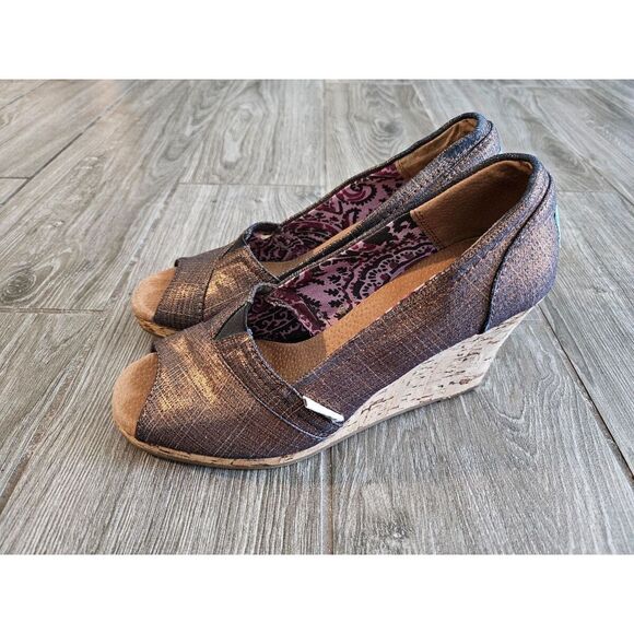 TOMS Calypso Canvas Peep Toe Wedges - Picture 1 of 5
